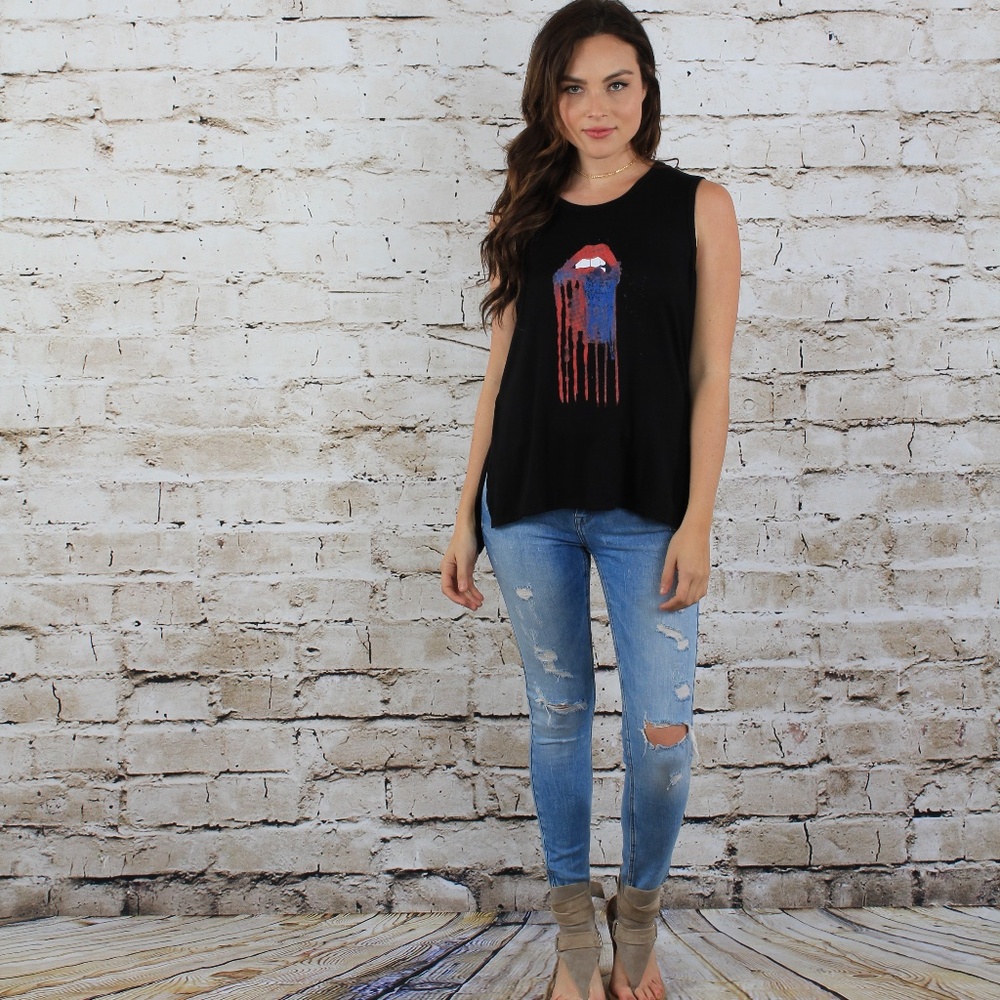 Black Sleeveless American Flag Mouth Tee Shirt